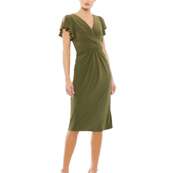 NEW |‎ MAC DUGGAL 12486 FLOUNCE SLEEVE MIDI DRESS OLIVE GREEN SIZE 8 - Picture 1 of 5